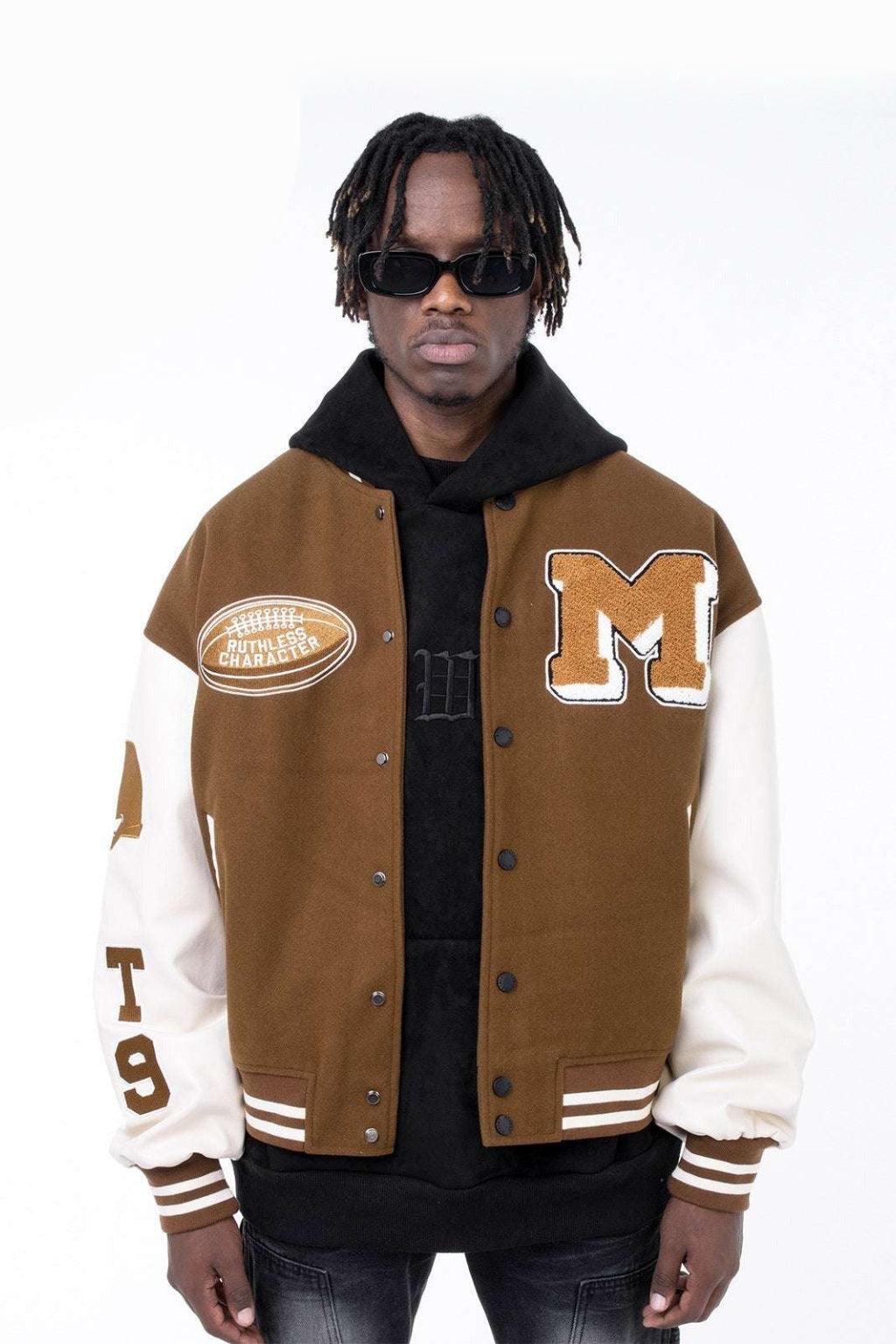 Brown varsity jacket